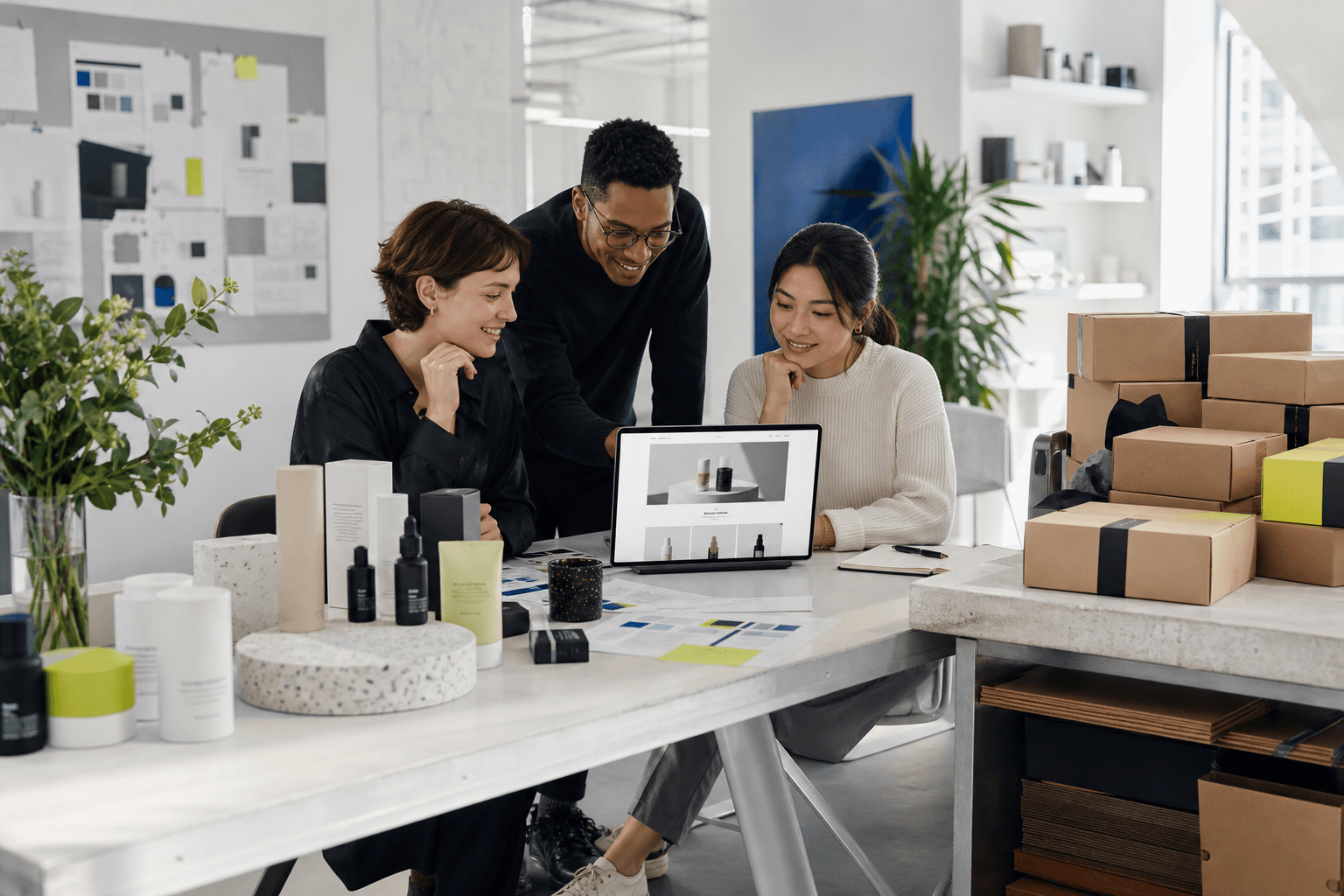 An ecommerce team reviewing brand packaging and an online storefront in their studio